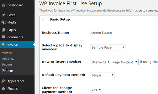 wp invoice настройки