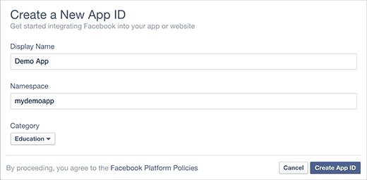 Создание нового ID приложения для фейсбук