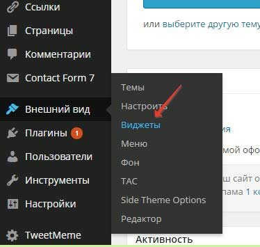 Переходим во вкладку виджеты админ панели блога WordPress