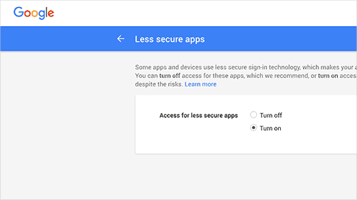 Включение режима доступа к менее безопасным приложениям Google