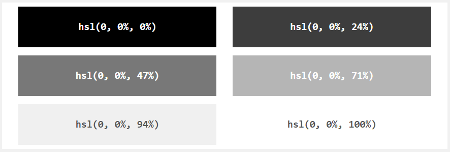 Оттенки серого в системе HSL в HTML