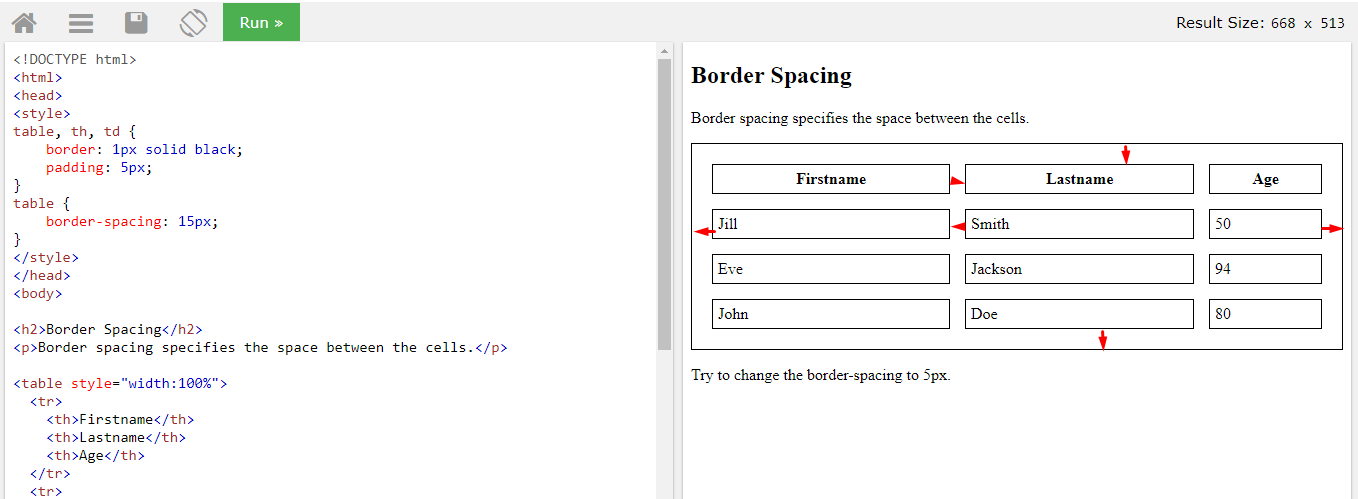 Задаем межграничный интервал border-spacing