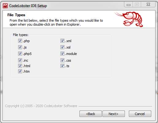 Отмечаем типы файлов с которыми будем работать в редакторе CodeLobster IDE